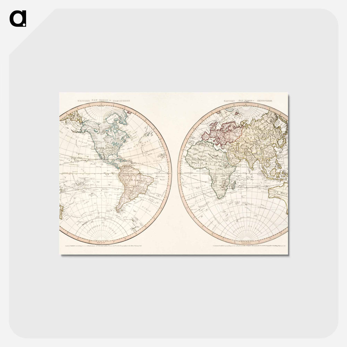 アートポストカード-New world or western hemisphere: old world or eastern hemisphere - アンティーク地図 Postcard.