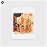 A cat dressed as a woman tapping the head of an octopus - 歌川 国芳 Postcard.