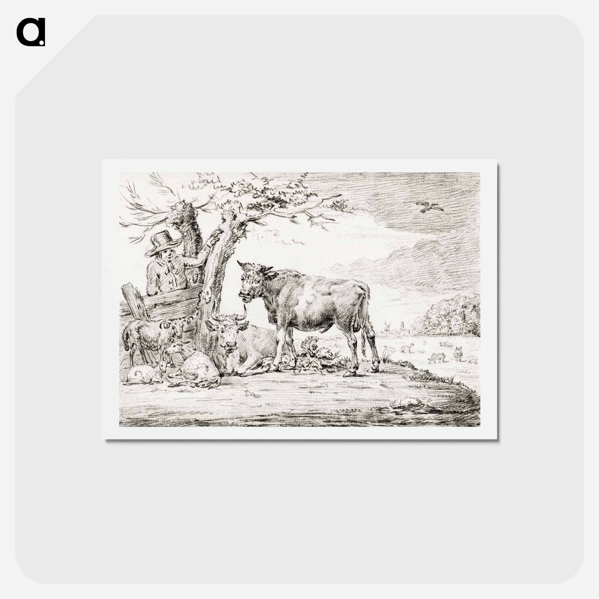 アートポストカード-Farmer standing at a fence with cattle by Jean Bernard - ジャン ベルナール Postcard.