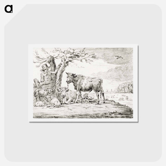 アートポストカード-Farmer standing at a fence with cattle by Jean Bernard - ジャン ベルナール Postcard.