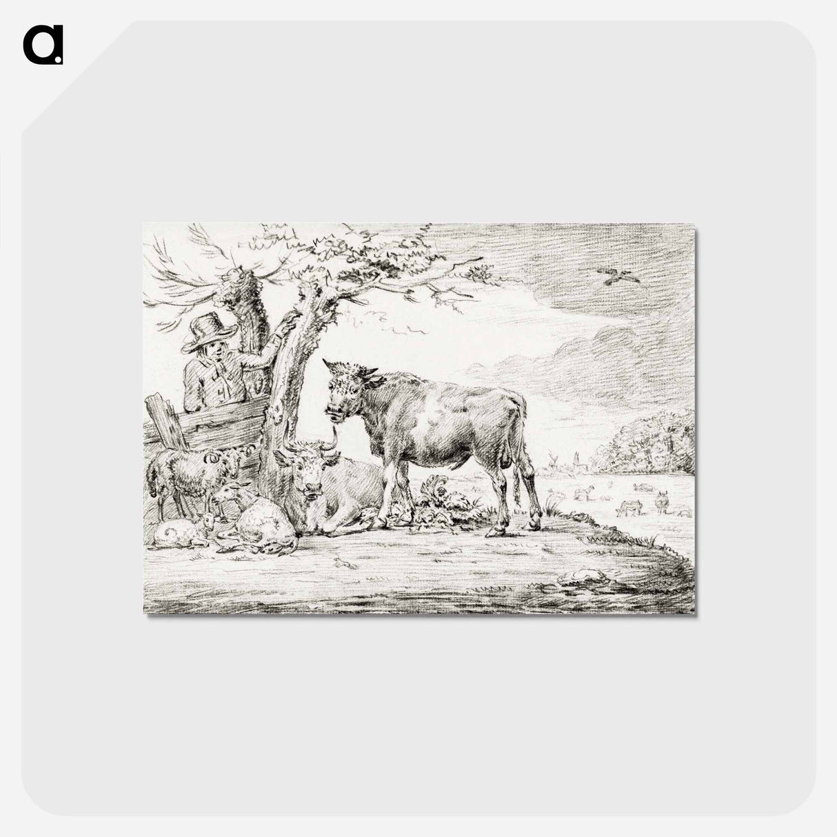 アートポストカード-Farmer standing at a fence with cattle by Jean Bernard - ジャン ベルナール Postcard.