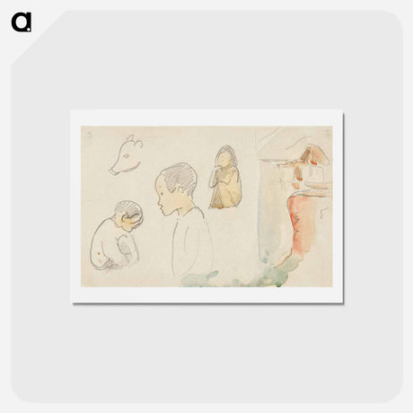 アートポストカード-Sketches of Crouching and Standing Figures, a Pig, and a Hut at Water’s Edge - ポール ゴーギャン Postcard.