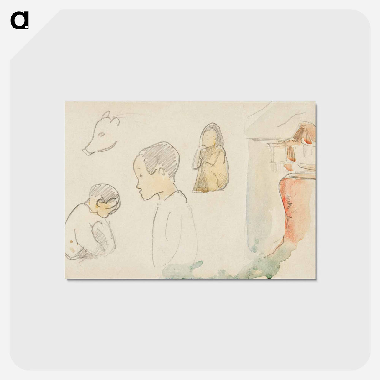 アートポストカード-Sketches of Crouching and Standing Figures, a Pig, and a Hut at Water’s Edge - ポール ゴーギャン Postcard.
