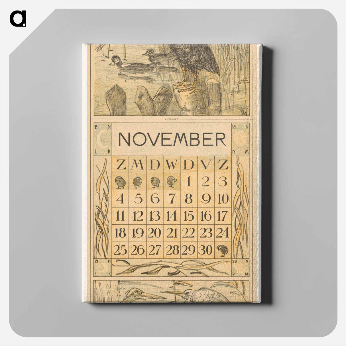 Kalenderblad november met meerkoet op een paal - テオ ヴァン ホイテマ Canvas.