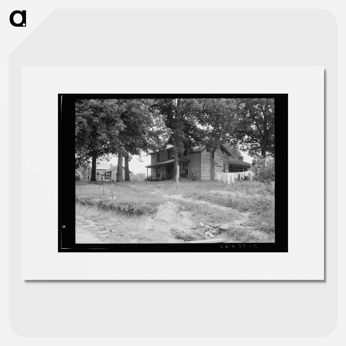 The one-and-a-half story part of this house was built fifty to sixty years ago. The two-story part was built in 1900. Farm is owned by a woman whose husband died seventeen years ago. Person County, No - Dorothea Lange Poster.