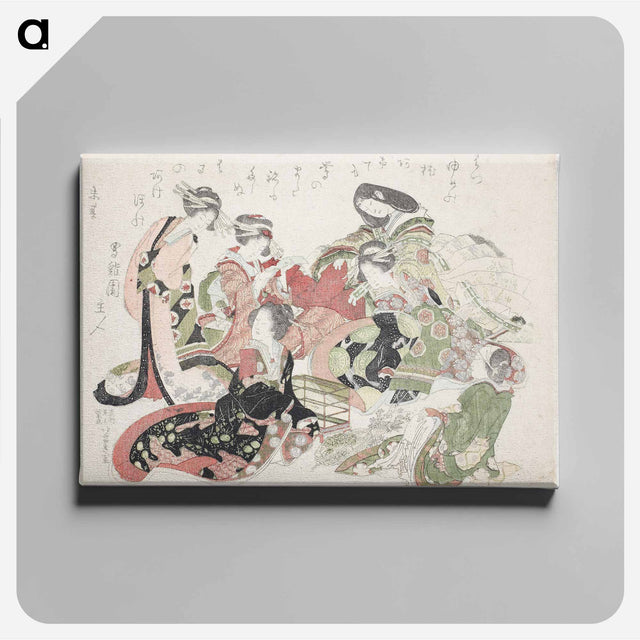 アートパネル-Hokusai's six women seated around a bird cage - 葛飾 北斎 Canvas.