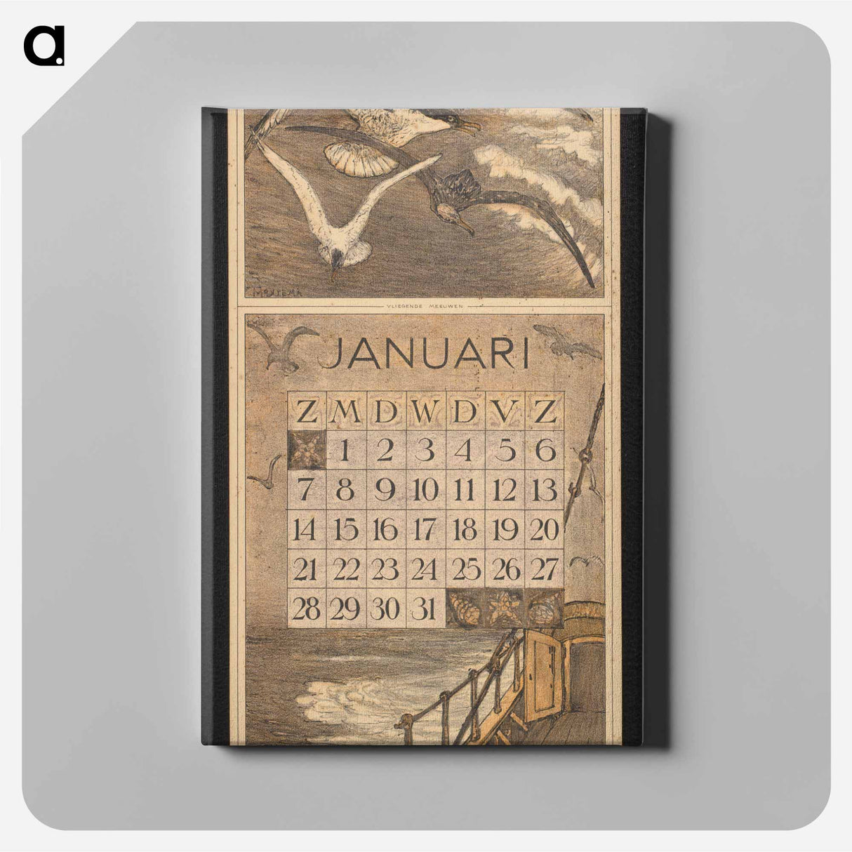 Kalenderblad voor januari 1912 met drie meeuwen boven zee - テオ ヴァン ホイテマ Canvas.