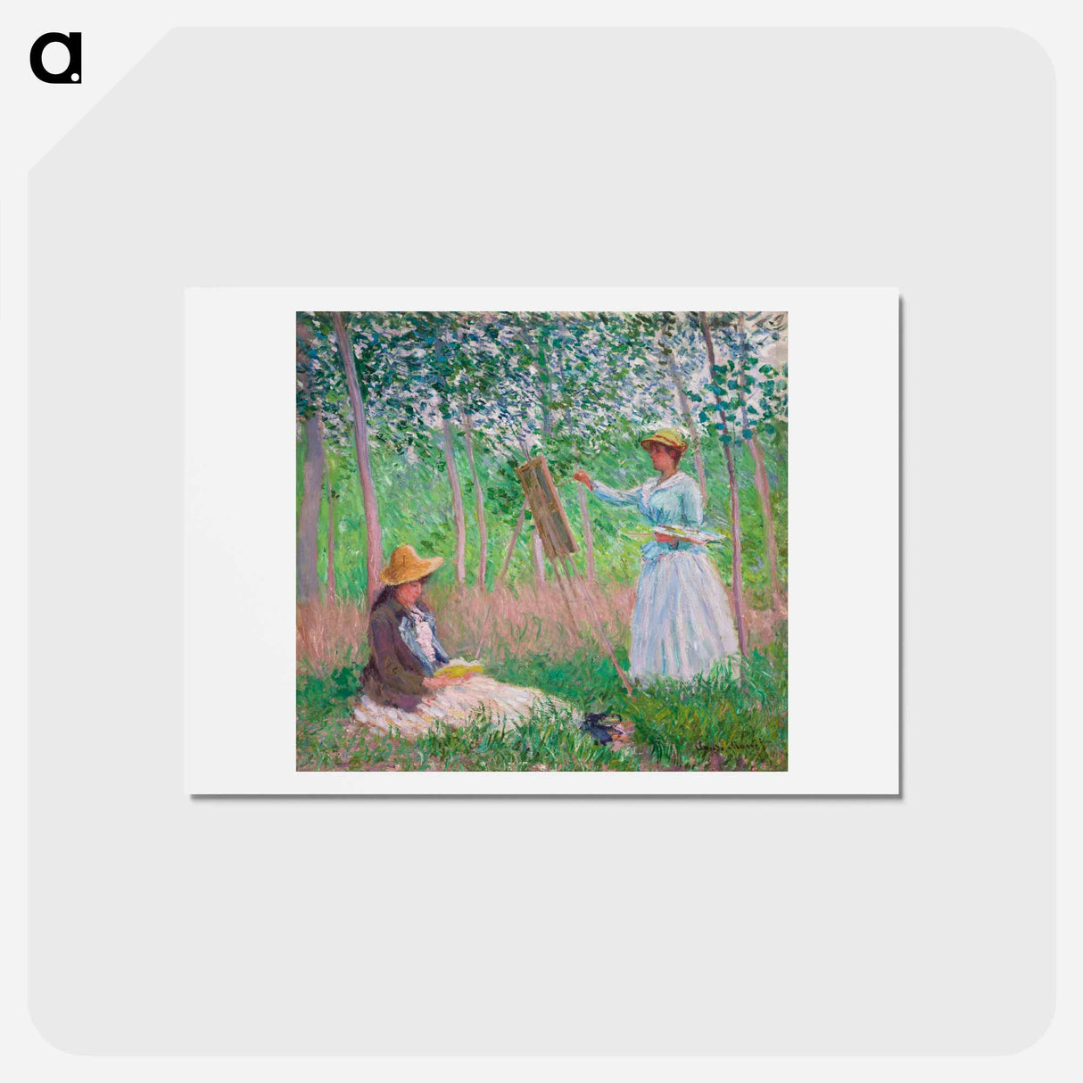 アートポストカード-In the Woods at Giverny, Blanche Hoschedé at Her Easel with Suzanne Hoschedé Reading - クロード モネ Postcard.