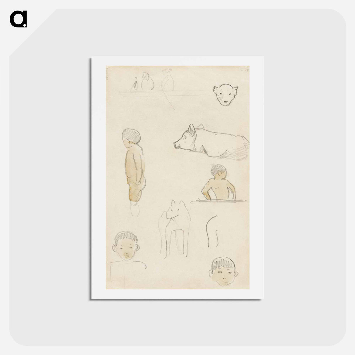 アートポストカード-Sketches of Standing Figures and Animals - ポール ゴーギャン Postcard.