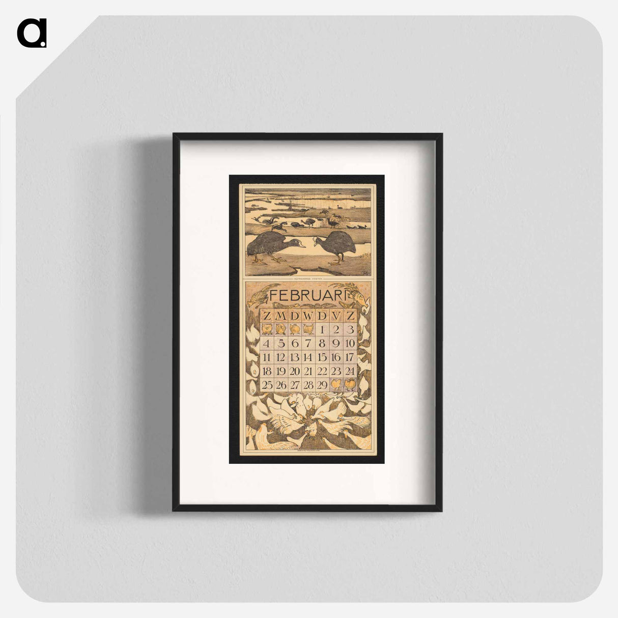 Kalenderblad voor februari 1912 met meerkoeten by Theo van Hoytema - テオ ヴァン ホイテマ Poster.