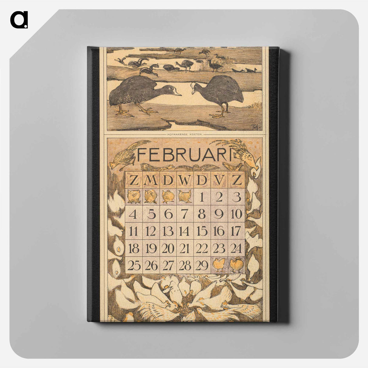 Kalenderblad voor februari 1912 met meerkoeten by Theo van Hoytema - テオ ヴァン ホイテマ Canvas.