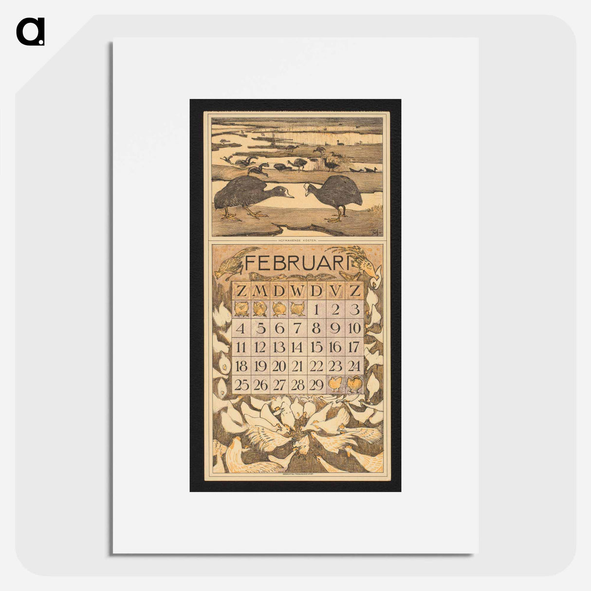 Kalenderblad voor februari 1912 met meerkoeten by Theo van Hoytema - テオ ヴァン ホイテマ Poster.
