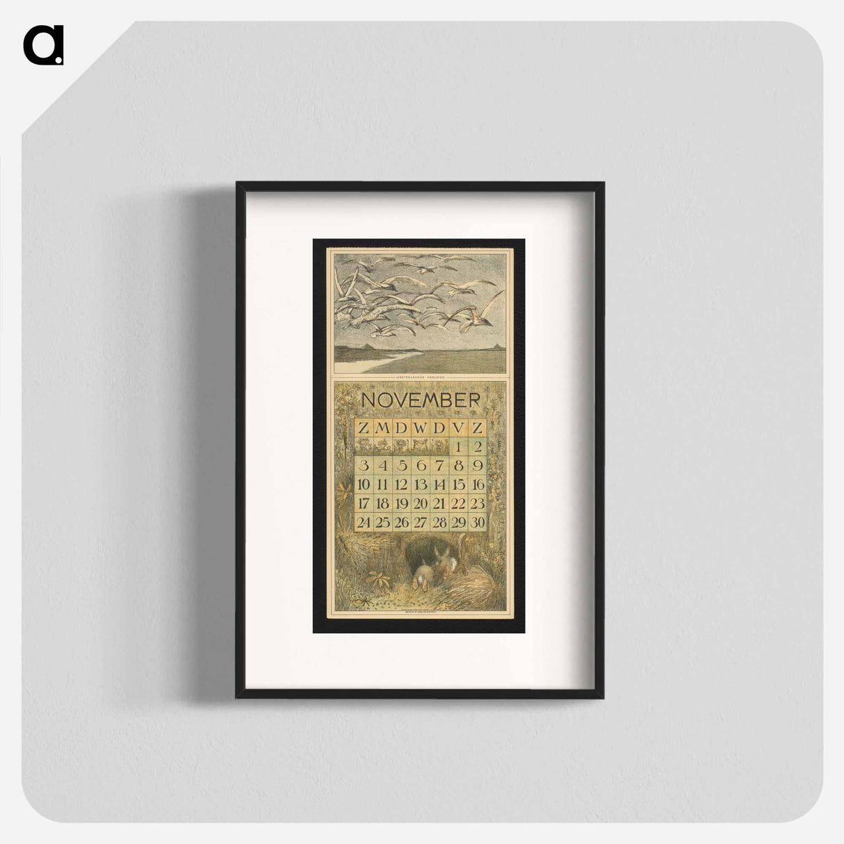 Kalenderblad voor november 1912 met meeuwen en konijnen - テオ ヴァン ホイテマ Poster.