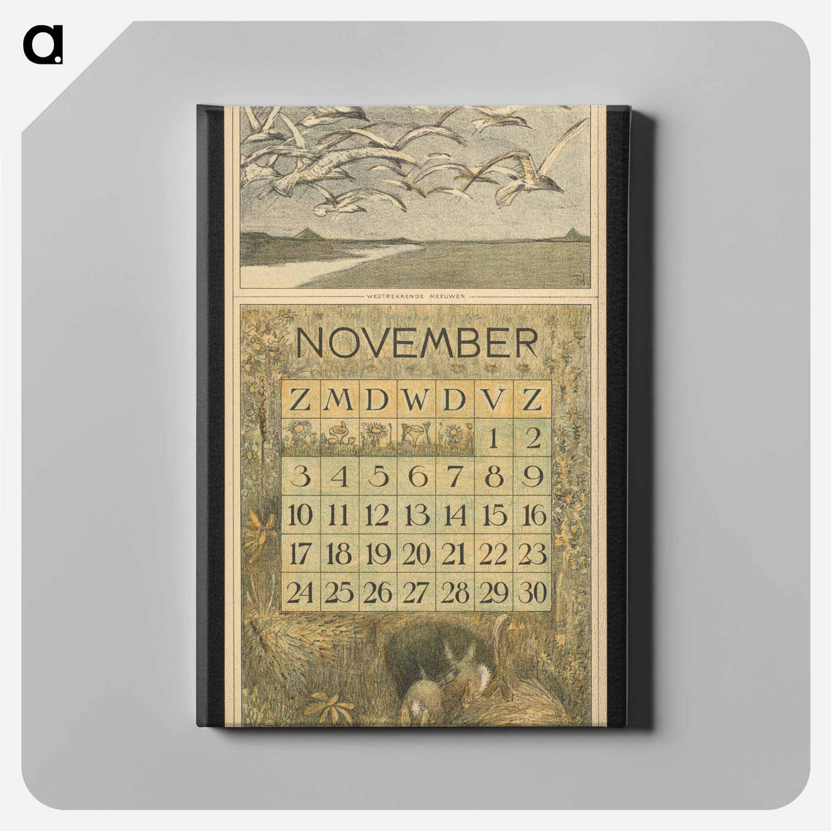 Kalenderblad voor november 1912 met meeuwen en konijnen - テオ ヴァン ホイテマ Canvas.
