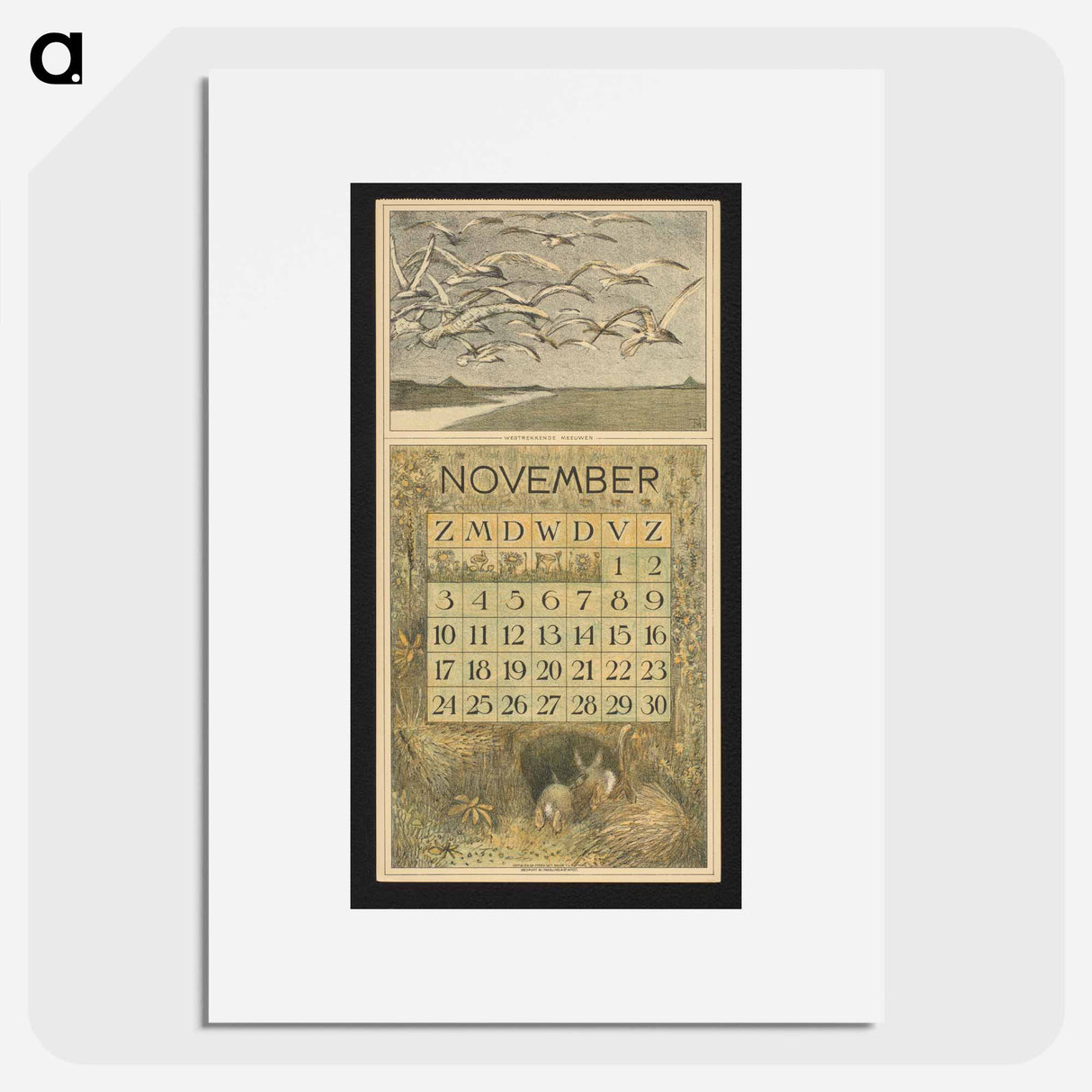 Kalenderblad voor november 1912 met meeuwen en konijnen - テオ ヴァン ホイテマ Poster.