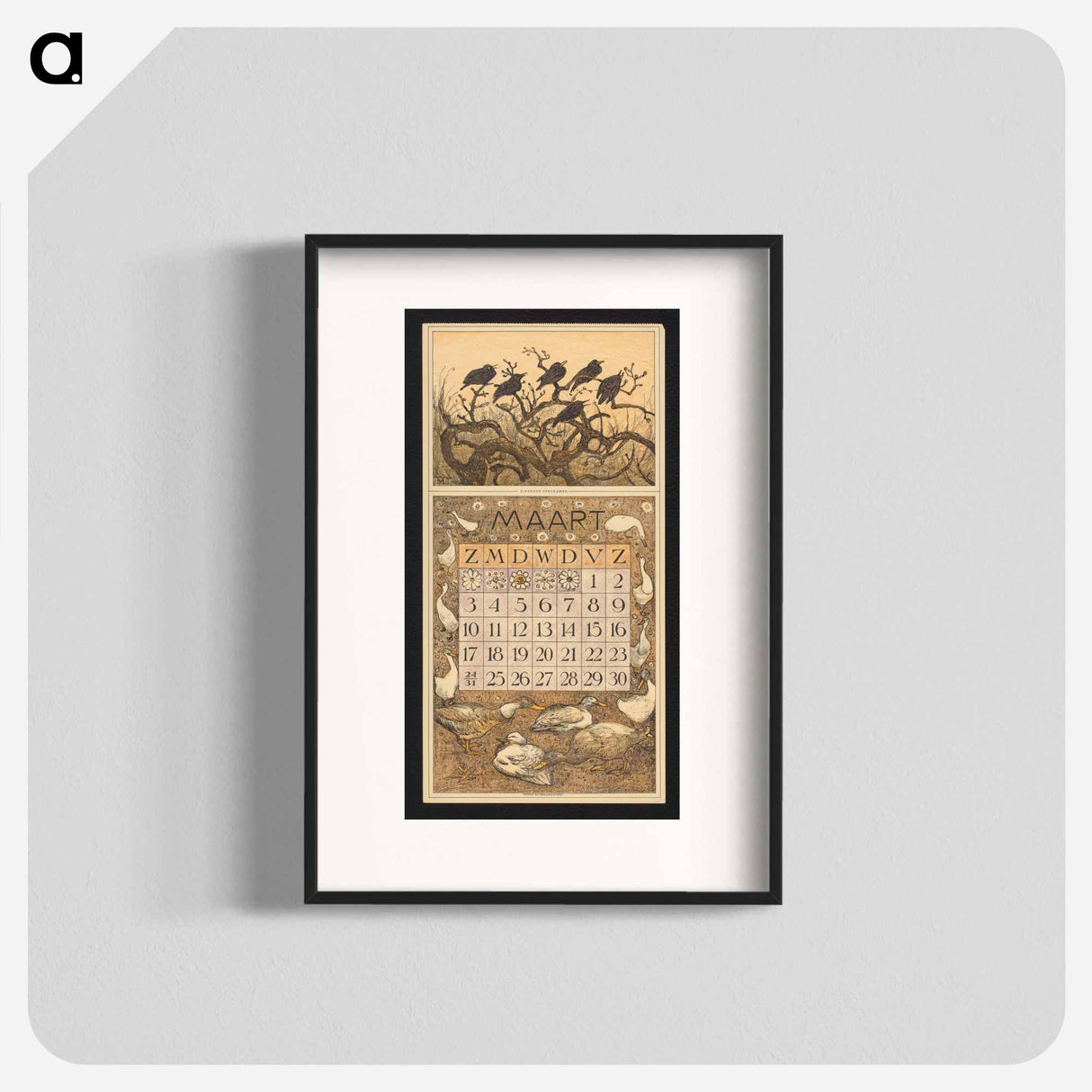 Kalenderblad voor maart 1912 met spreeuwen in een boom - テオ ヴァン ホイテマ Poster.