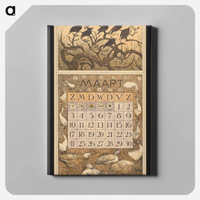 アートパネル-Kalenderblad voor maart 1912 met spreeuwen in een boom - テオ ヴァン ホイテマ Canvas.