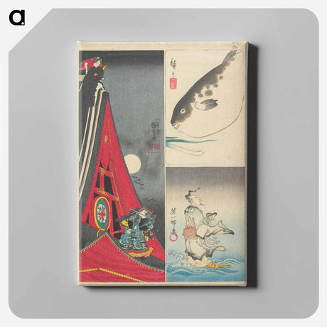 アートパネル-Globefish and Leek, Chinese Man with Sword, Fight on the Roof of the Hōryūkaku
 - 歌川 国貞 Canvas.