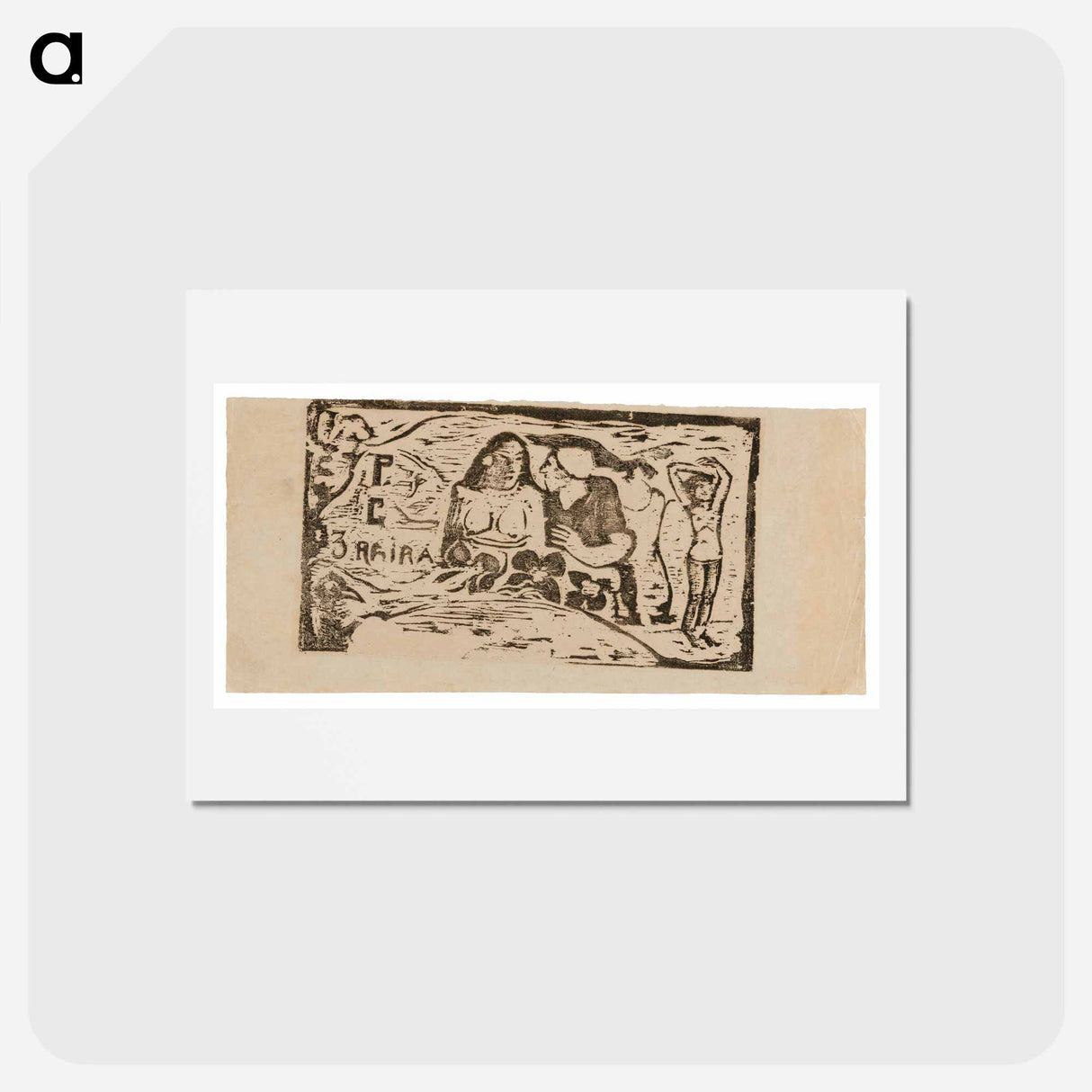 アートポストカード-Bust of a Nude Woman and Three-Quarter Figure of a Man with a White Cap in Profile, Third Small Figure at Far Right, headpiece for Le sourire - ポール ゴーギャン Postcard.