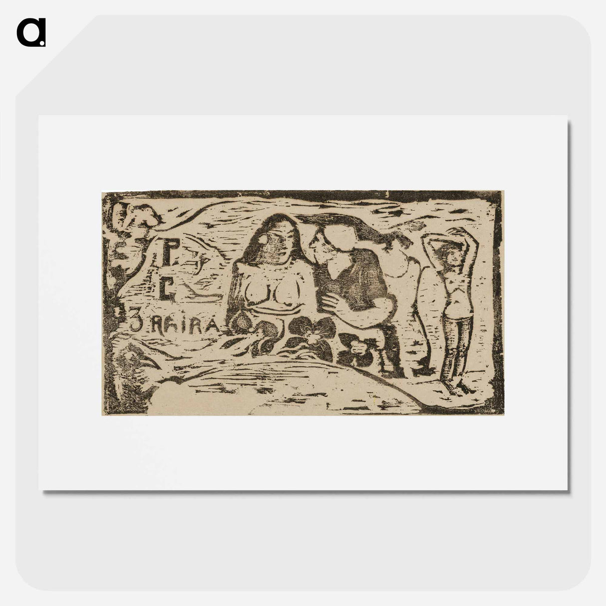アートポスター-Bust of a Nude Woman and Three-Quarter Figure of a Man with a White Cap in Profile, Third Small Figure at Far Right, headpiece for Le sourire - ポール ゴーギャン Poster.
