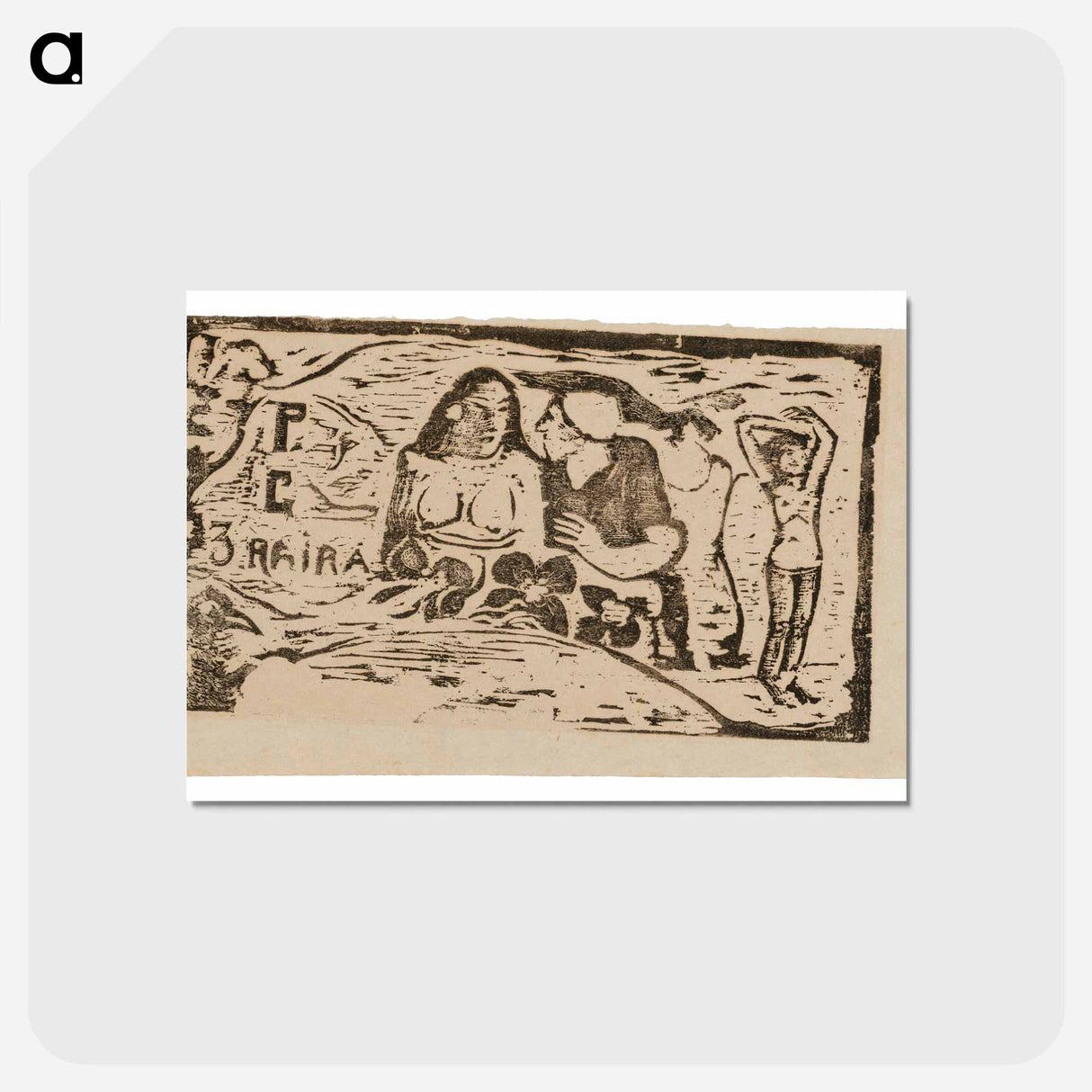 アートポストカード-Bust of a Nude Woman and Three-Quarter Figure of a Man with a White Cap in Profile, Third Small Figure at Far Right, headpiece for Le sourire - ポール ゴーギャン Postcard.