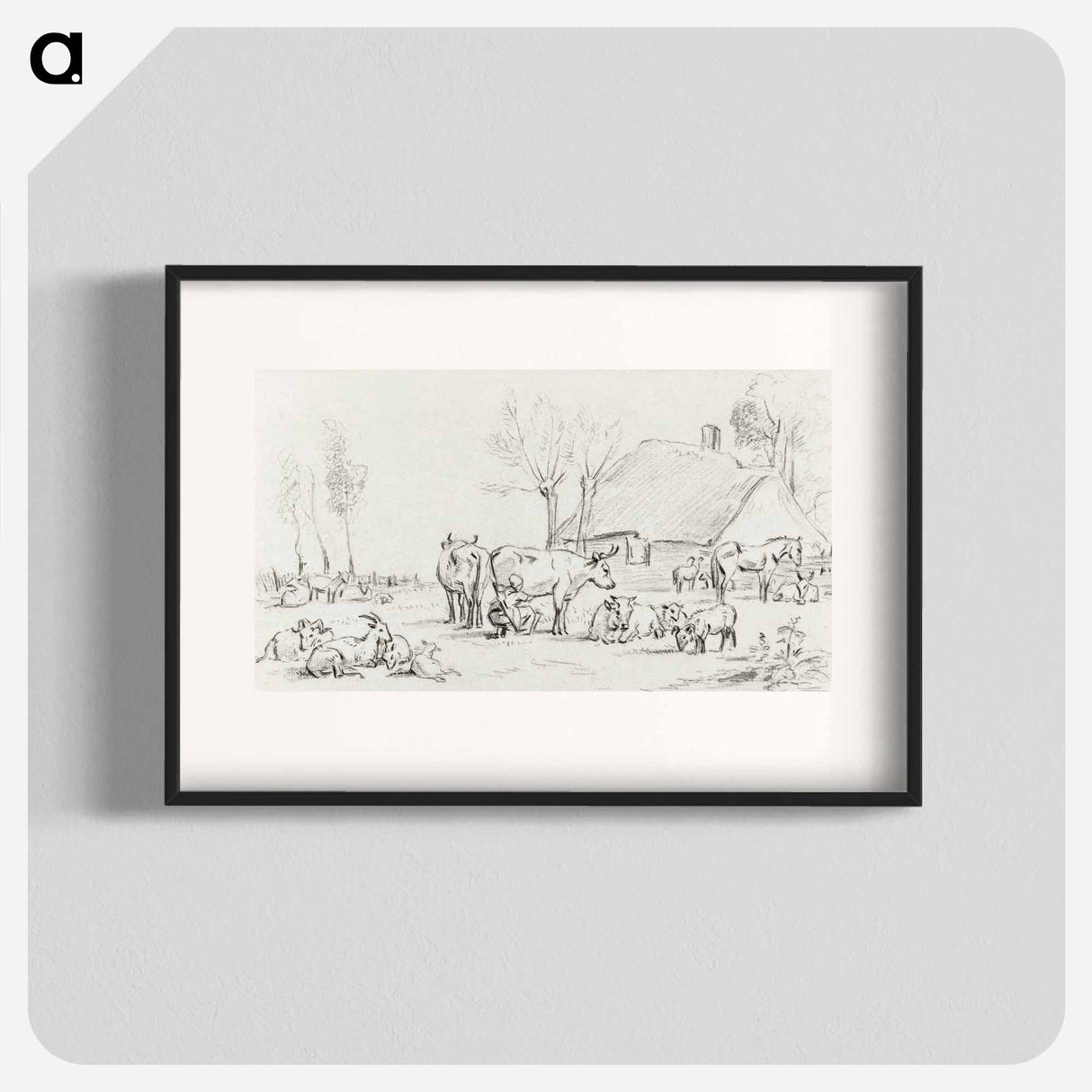 Farmyard with cattle and milking woman - ジャン ベルナール Poster.