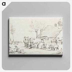 アートパネル-Farmyard with cattle and milking woman - ジャン ベルナール Canvas.