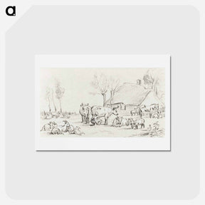 アートポストカード-Farmyard with cattle and milking woman - ジャン ベルナール Postcard.