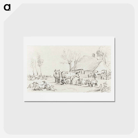 アートポストカード-Farmyard with cattle and milking woman - ジャン ベルナール Postcard.