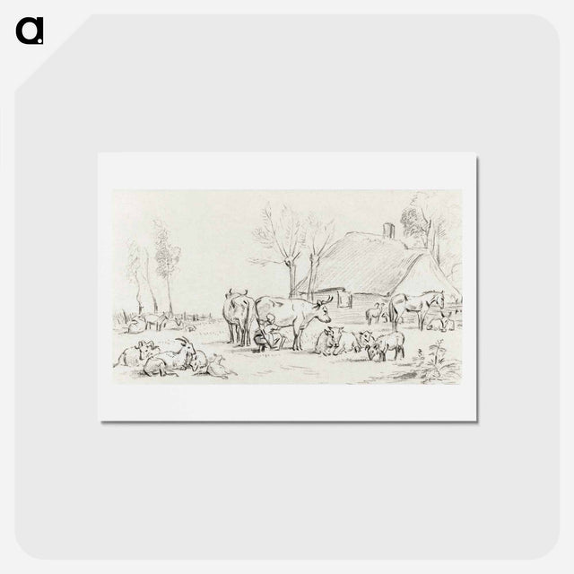 アートポストカード-Farmyard with cattle and milking woman - ジャン ベルナール Postcard.
