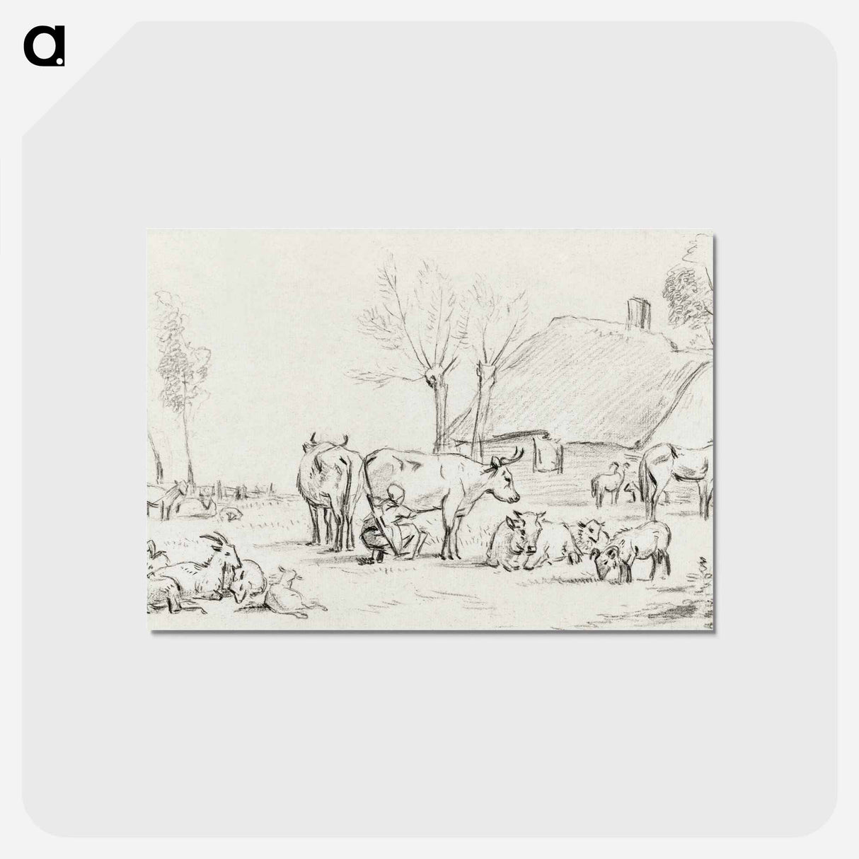アートポストカード-Farmyard with cattle and milking woman - ジャン ベルナール Postcard.