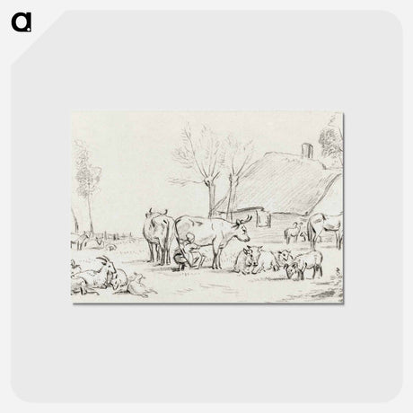 アートポストカード-Farmyard with cattle and milking woman - ジャン ベルナール Postcard.