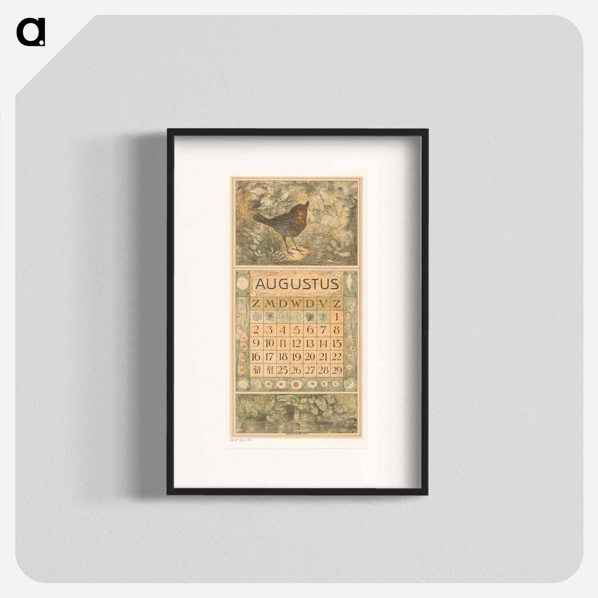 Kalenderblad augustus met roodborstje - テオ ヴァン ホイテマ Poster.