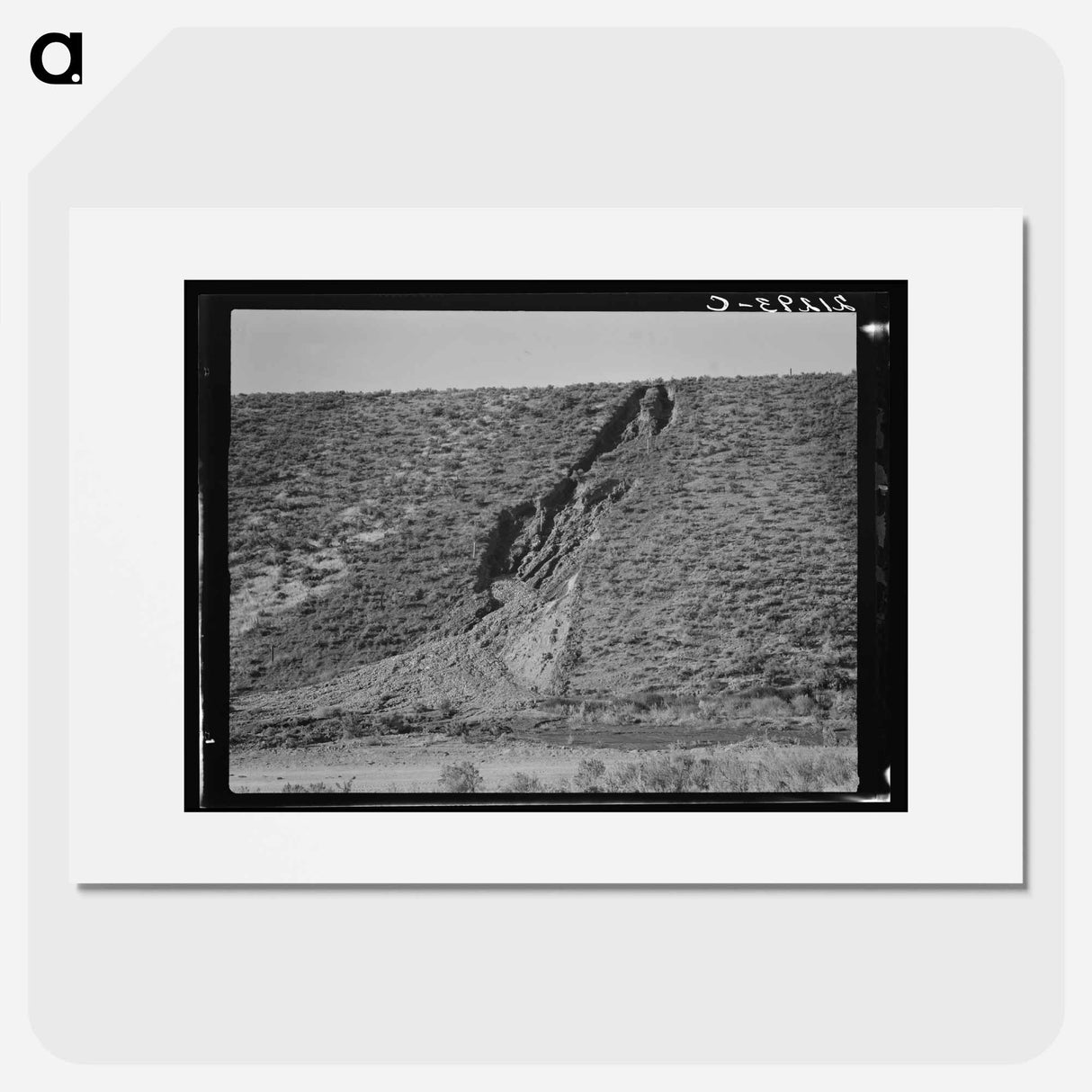 Water seepage from newly irrigated land on top of bench, eroding sides. A problem for the Reclamation Service, Dead Ox Flat, Malheur County, Oregon. - Dorothea Lange Poster.