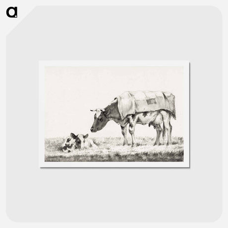 アートポストカード-Standing cow with lying calf - ジャン ベルナール Postcard.