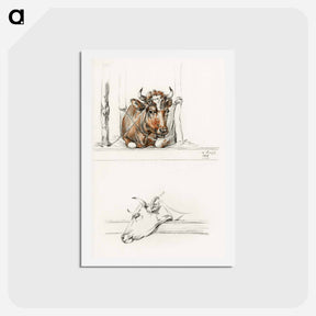 アートポストカード-Cow in the stable and the head of a cow - ジャン ベルナール Postcard.