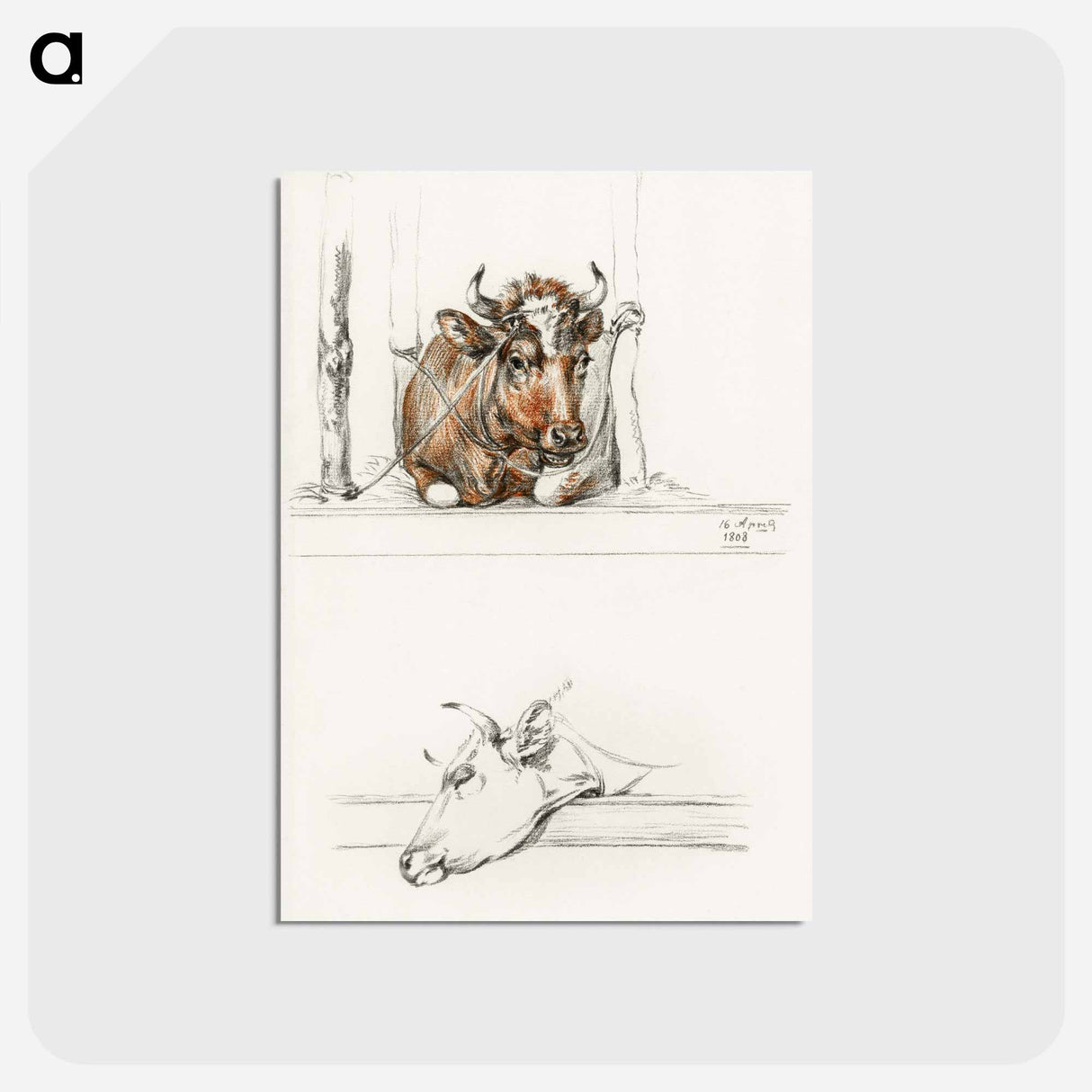 アートポストカード-Cow in the stable and the head of a cow - ジャン ベルナール Postcard.