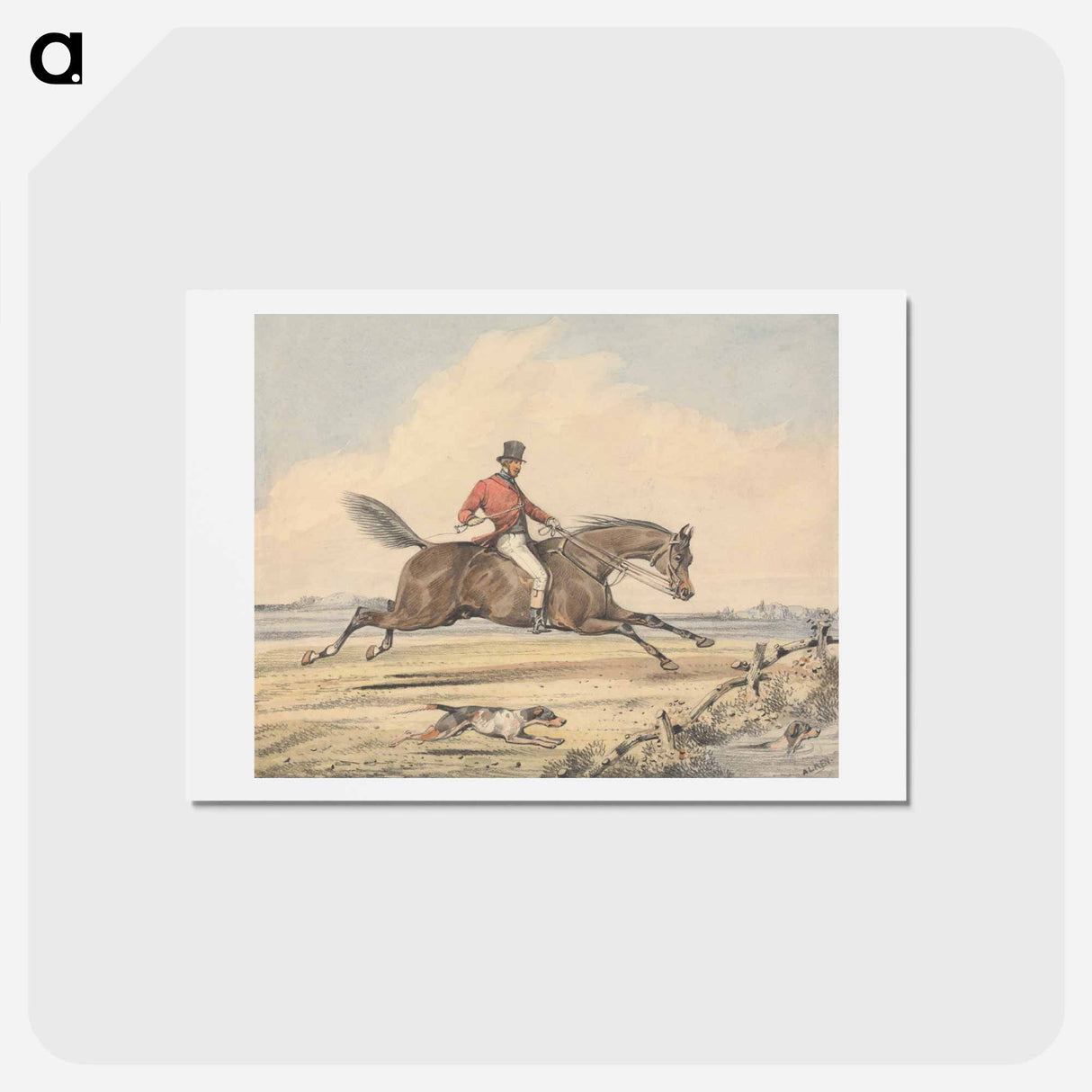 アートポストカード-Foxhunting: Rider Approaching a Fence by a Pond, Hound Swimming Through
 - イェール大学アートギャラリー Postcard.