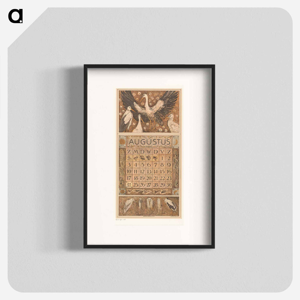 Kalenderblad augustus met ooievaars - テオ ヴァン ホイテマ Poster.