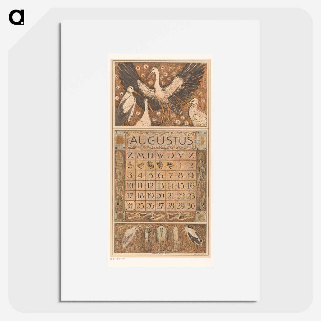 Kalenderblad augustus met ooievaars - テオ ヴァン ホイテマ Poster.