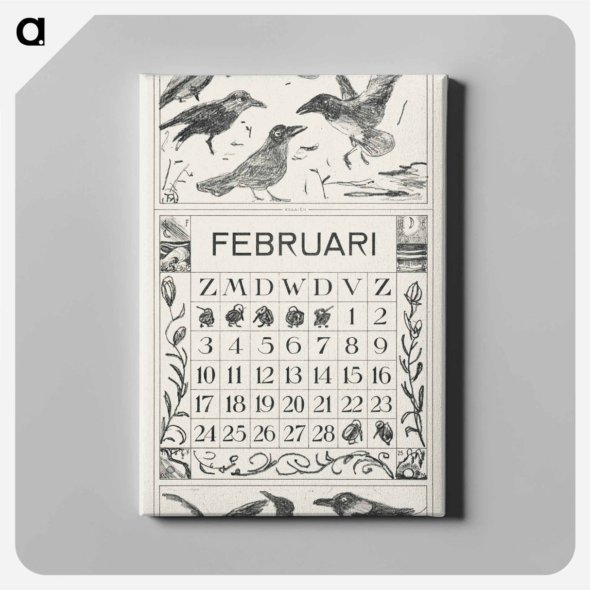 Kalenderblad februari met kraaien - テオ ヴァン ホイテマ Canvas.