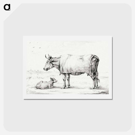 アートポストカード-Standing cow with a lying calf - ジャン ベルナール Postcard.
