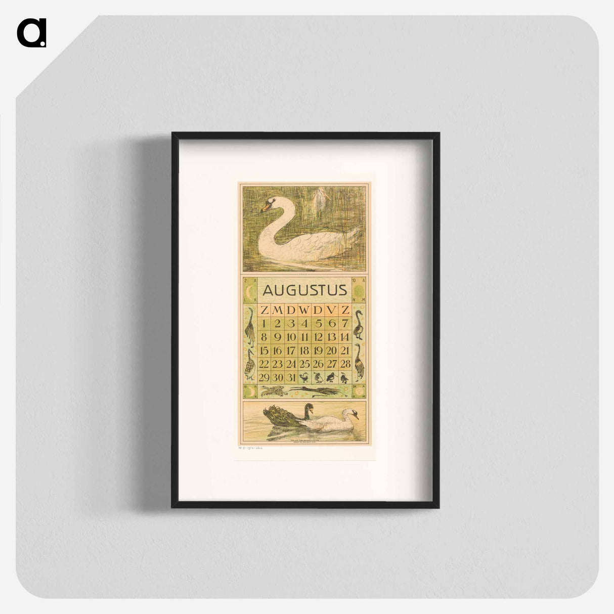 Kalenderblad augustus met zwaan - テオ ヴァン ホイテマ Poster.