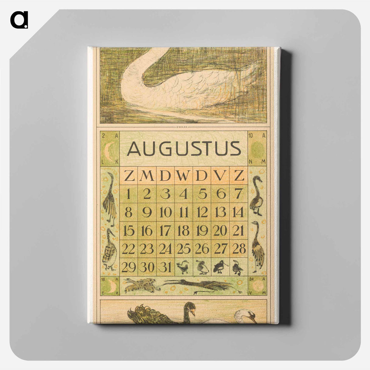 Kalenderblad augustus met zwaan - テオ ヴァン ホイテマ Canvas.