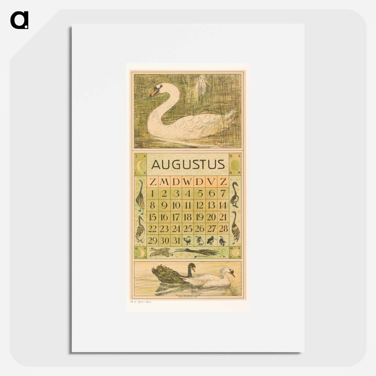 Kalenderblad augustus met zwaan - テオ ヴァン ホイテマ Poster.