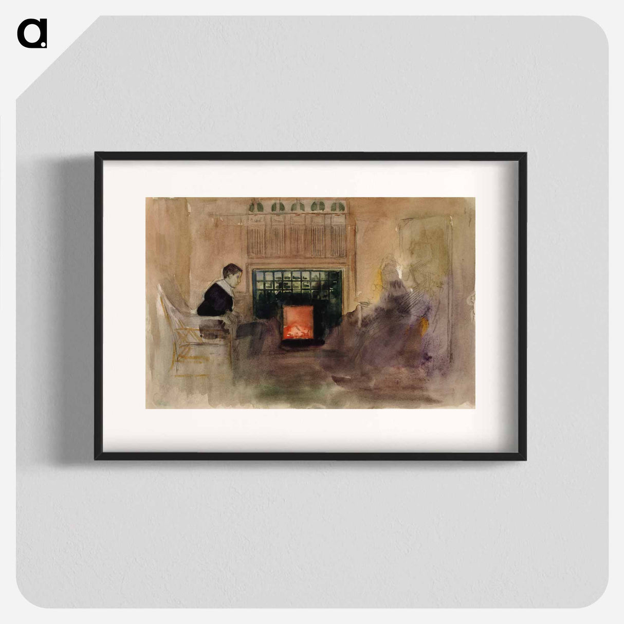 Interiööri taiteilijan huvilalta kilosta, erik istumassa uunin vieressä - アルバート エーデルフェルト Poster.