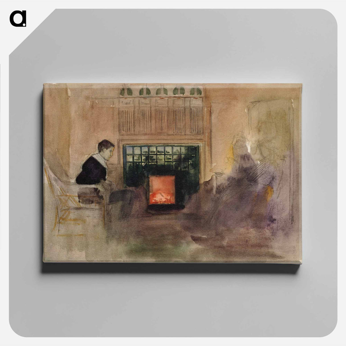 Interiööri taiteilijan huvilalta kilosta, erik istumassa uunin vieressä - アルバート エーデルフェルト Canvas.