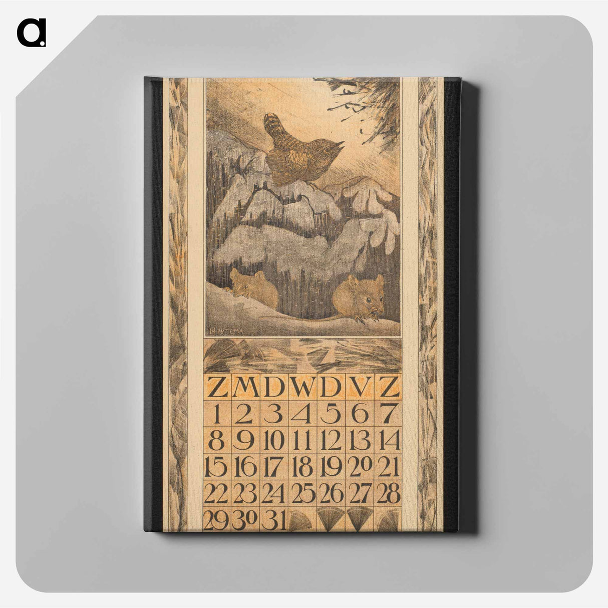 Kalenderblad voor januari 1911 met winterkoning en muizen by Theo van Hoytema - テオ ヴァン ホイテマ Canvas.
