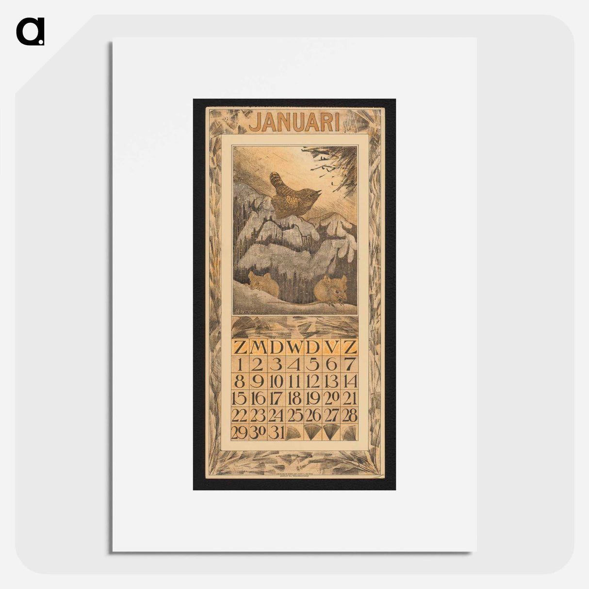 Kalenderblad voor januari 1911 met winterkoning en muizen by Theo van Hoytema - テオ ヴァン ホイテマ Poster.
