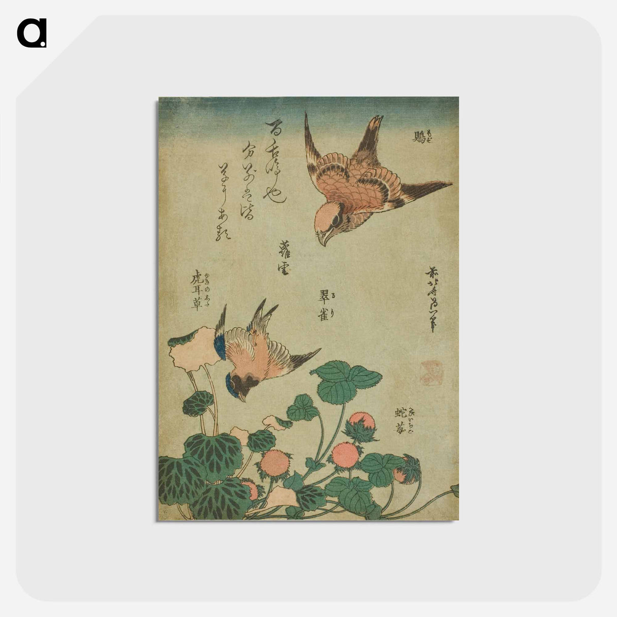 アートポストカード-Hokusai's Swallow and begonia and strawberry pie - 葛飾 北斎 Postcard.